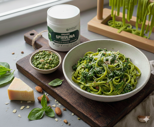 Spirulina Pasta with Kale and Almond Pesto