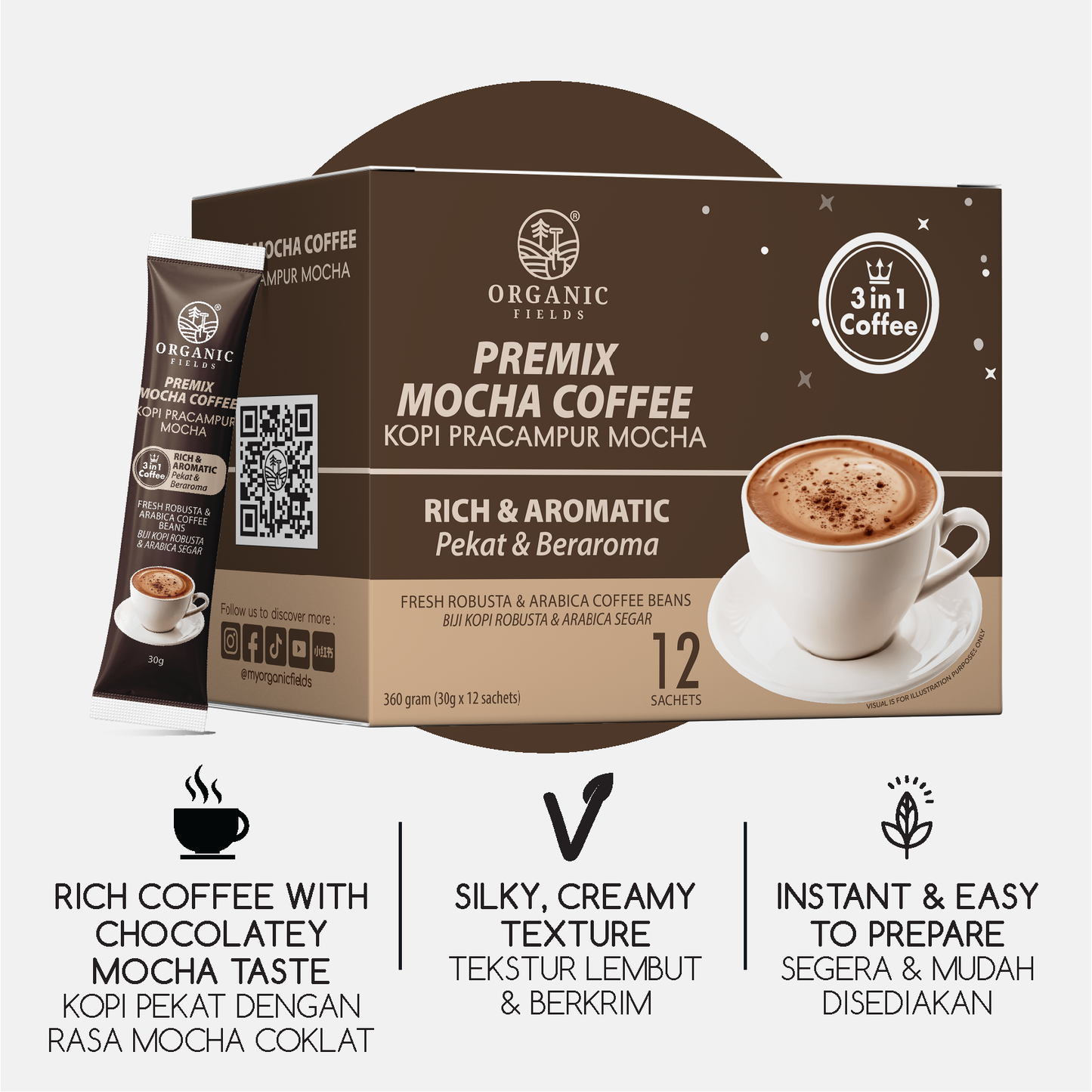 ORGANIC FIELDS Mocha Premix Coffee 360g (30g x 12 sachet）