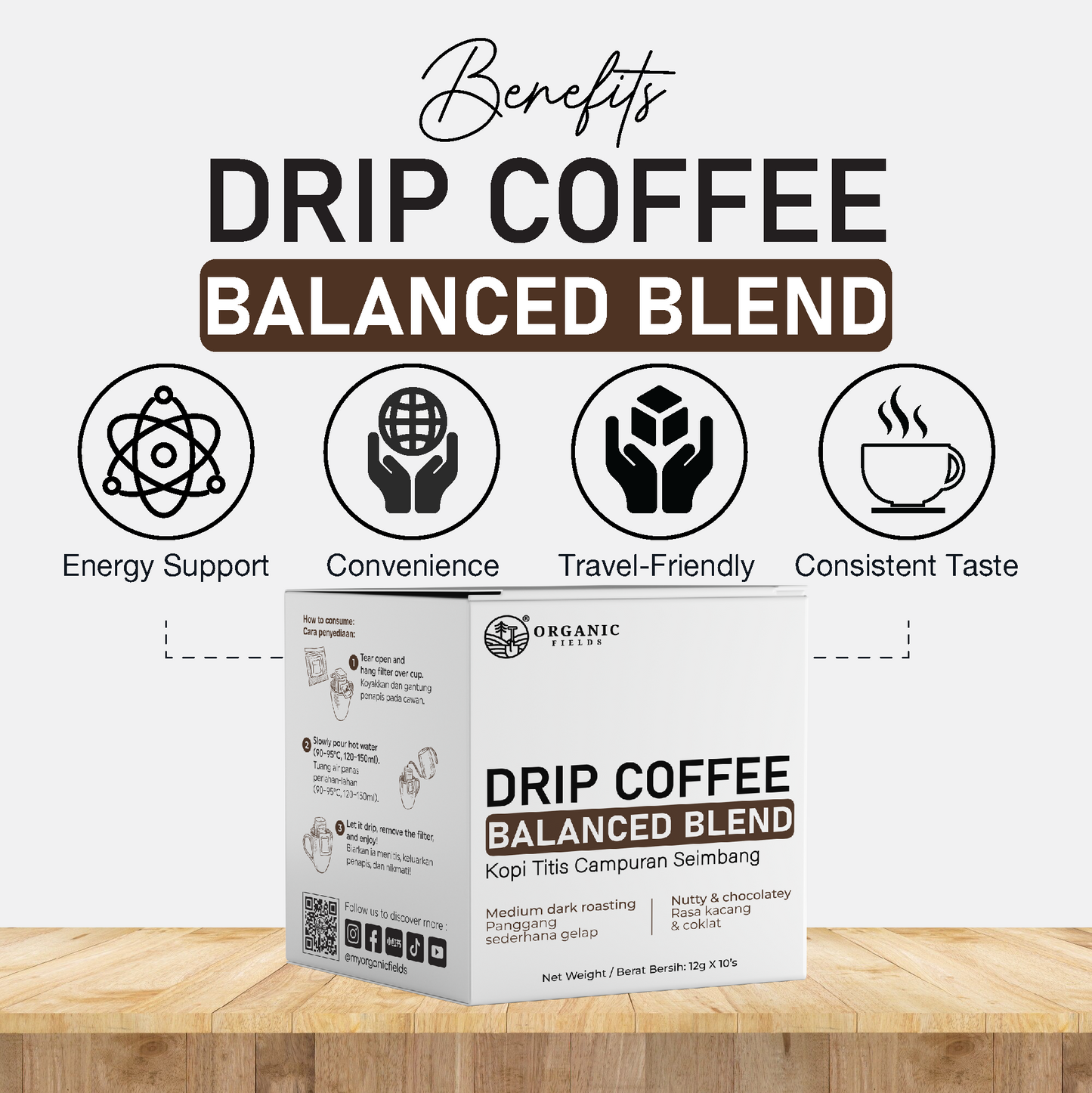 ORGANIC FIELDS DRIP COFFEE BALANCED BLEND 12g x 10’s