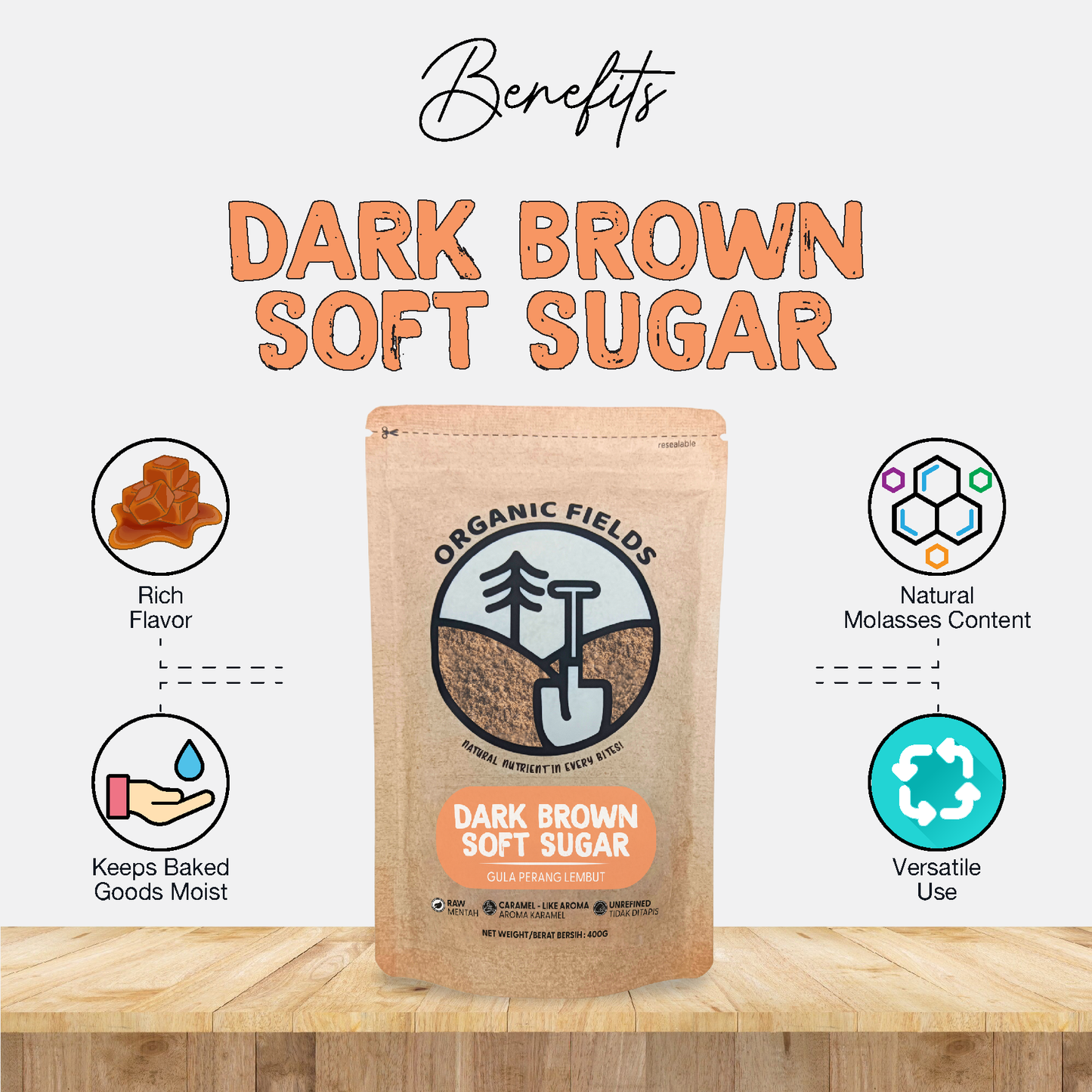ORGANIC FIELDS Dark Brown Soft Sugar 400g