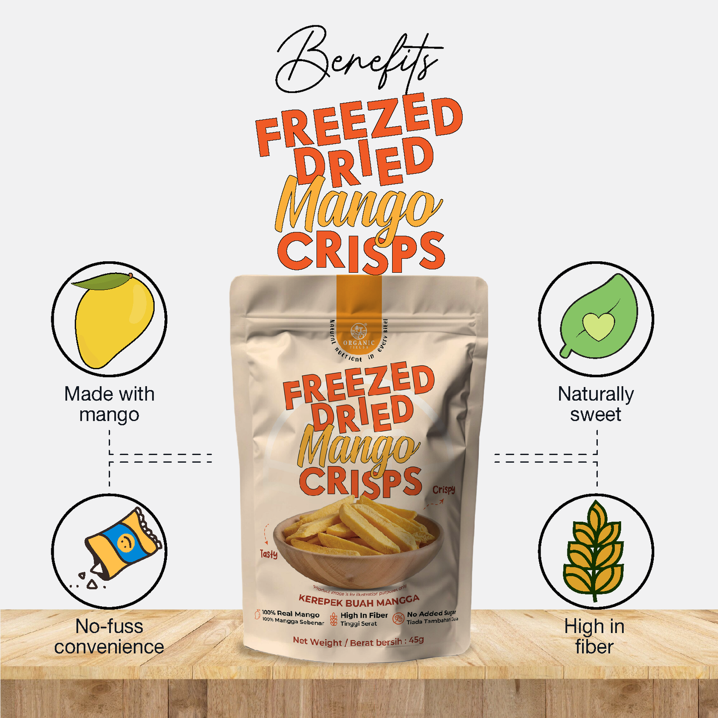 ORGANIC FIELDS Freezed-Dried Mango Crisps 45g