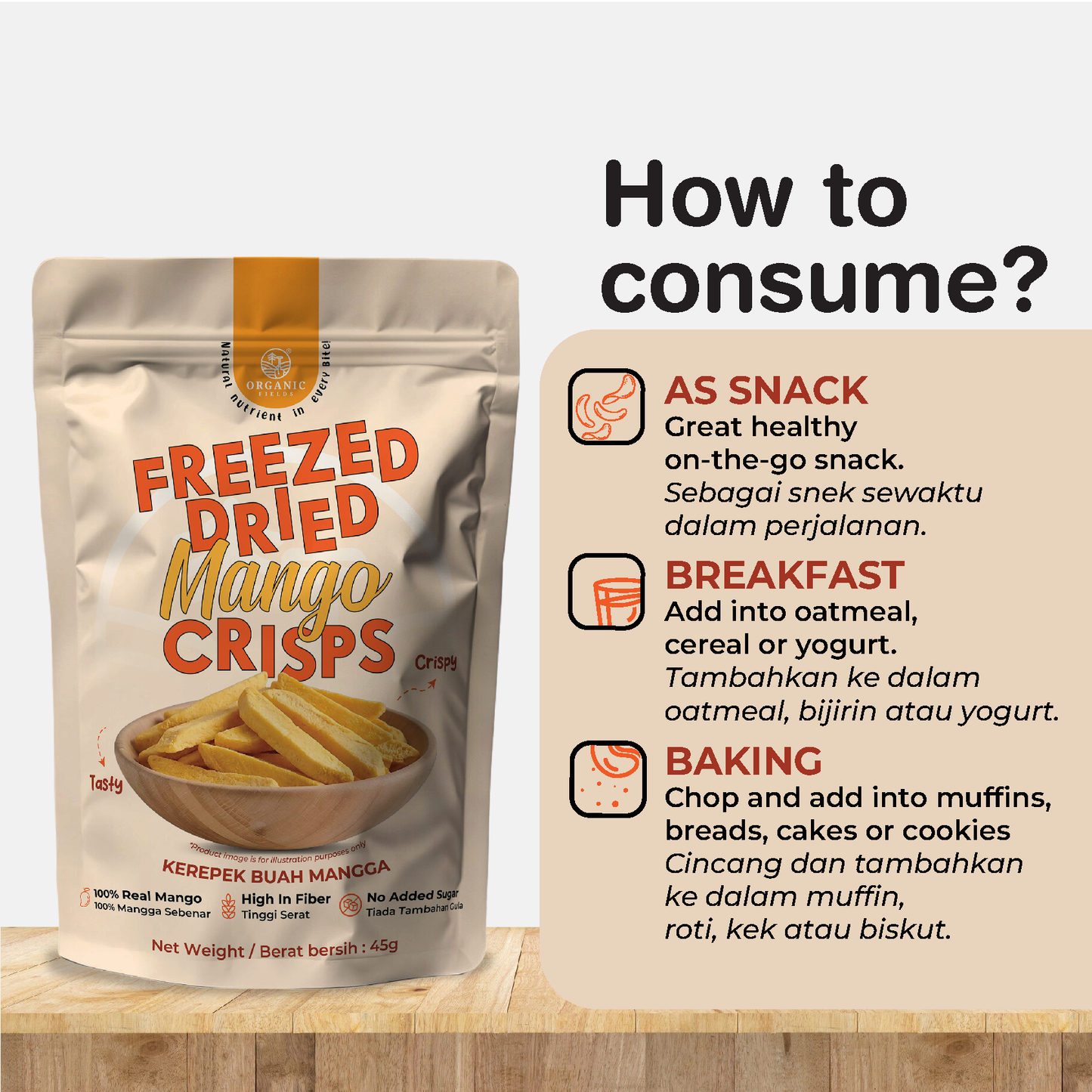 ORGANIC FIELDS Freezed-Dried Mango Crisps 45g