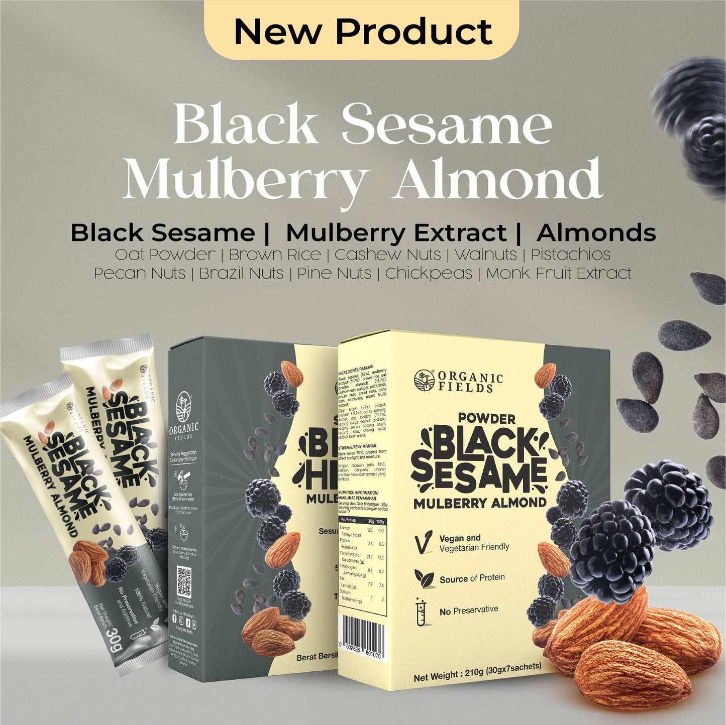 ORGANIC FIELDS Black Sesame Mulberry Almond Powder 210gm