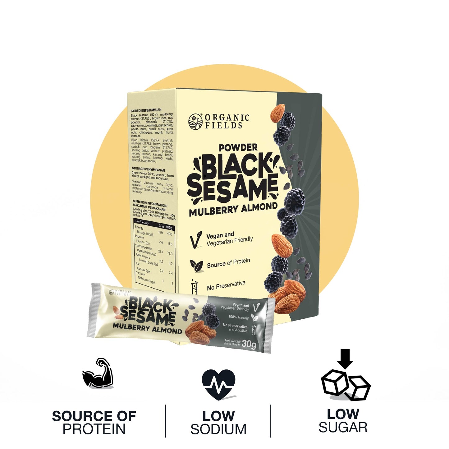 ORGANIC FIELDS Black Sesame Mulberry Almond Powder 210gm